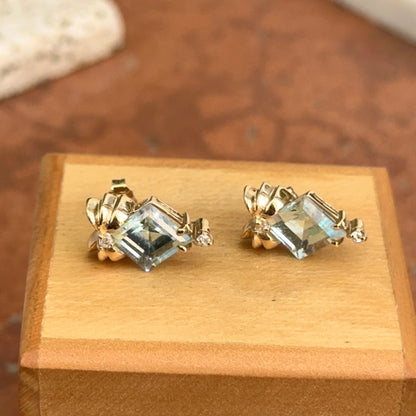 Estate 14KT Yellow Gold Blue Aquamarine + Diamond Earrings