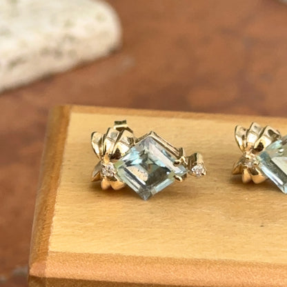 Estate 14KT Yellow Gold Blue Aquamarine + Diamond Earrings