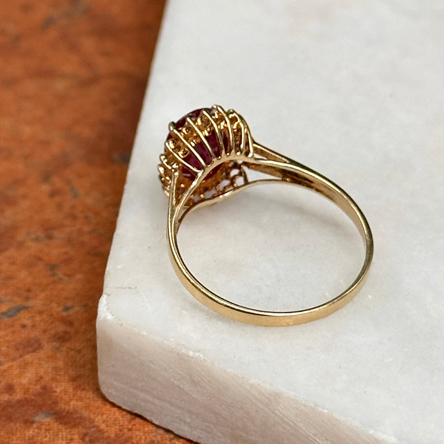 Estate 14KT Yellow Gold Oval 1.2 CT Ruby + Diamond Halo Ring