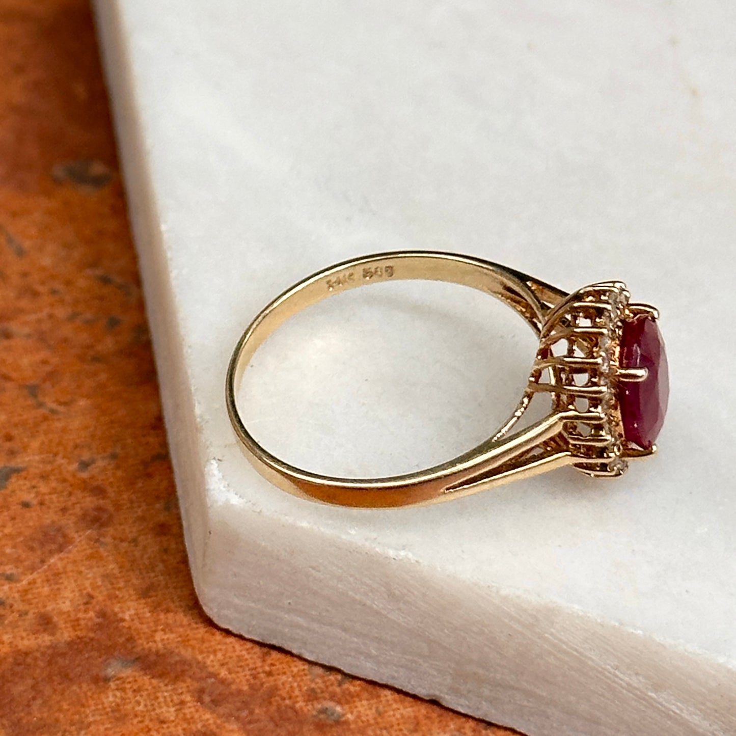 Estate 14KT Yellow Gold Oval 1.2 CT Ruby + Diamond Halo Ring
