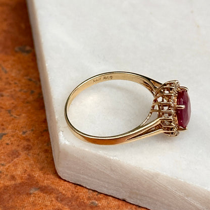 Estate 14KT Yellow Gold Oval 1.2 CT Ruby + Diamond Halo Ring