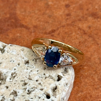 Estate 14KT Yellow Gold Oval 1.10 CT Blue Sapphire + Trillion Diamond Ring