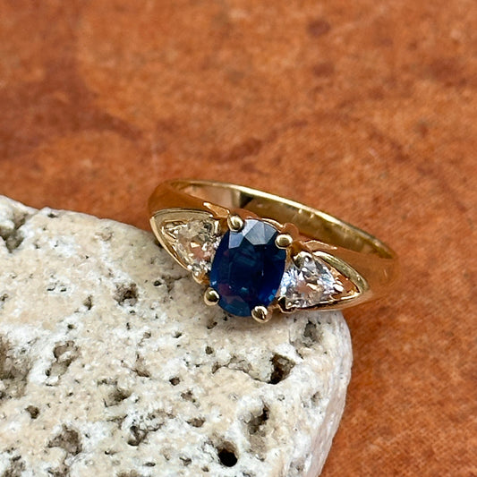 Estate 14KT Yellow Gold Oval 1.10 CT Blue Sapphire + Trillion Diamond Ring