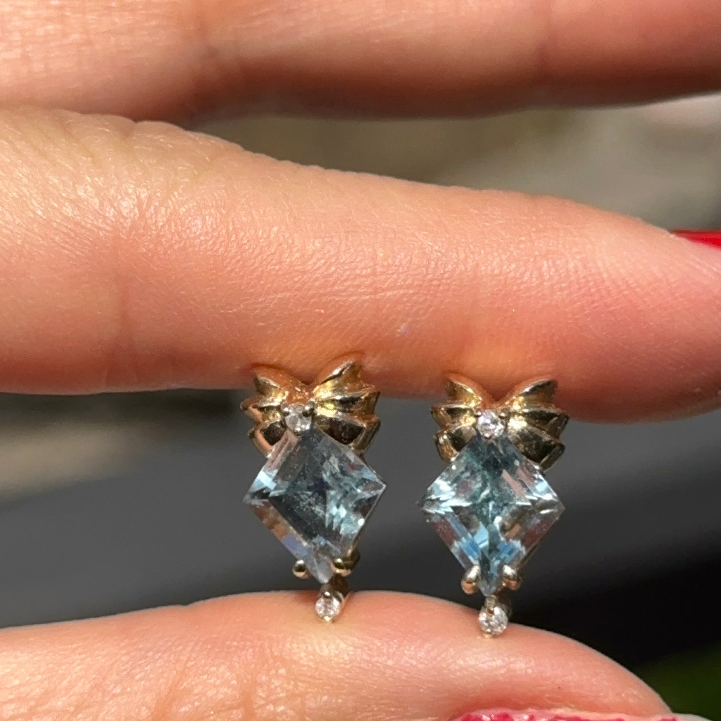 Estate 14KT Yellow Gold Blue Aquamarine + Diamond Earrings