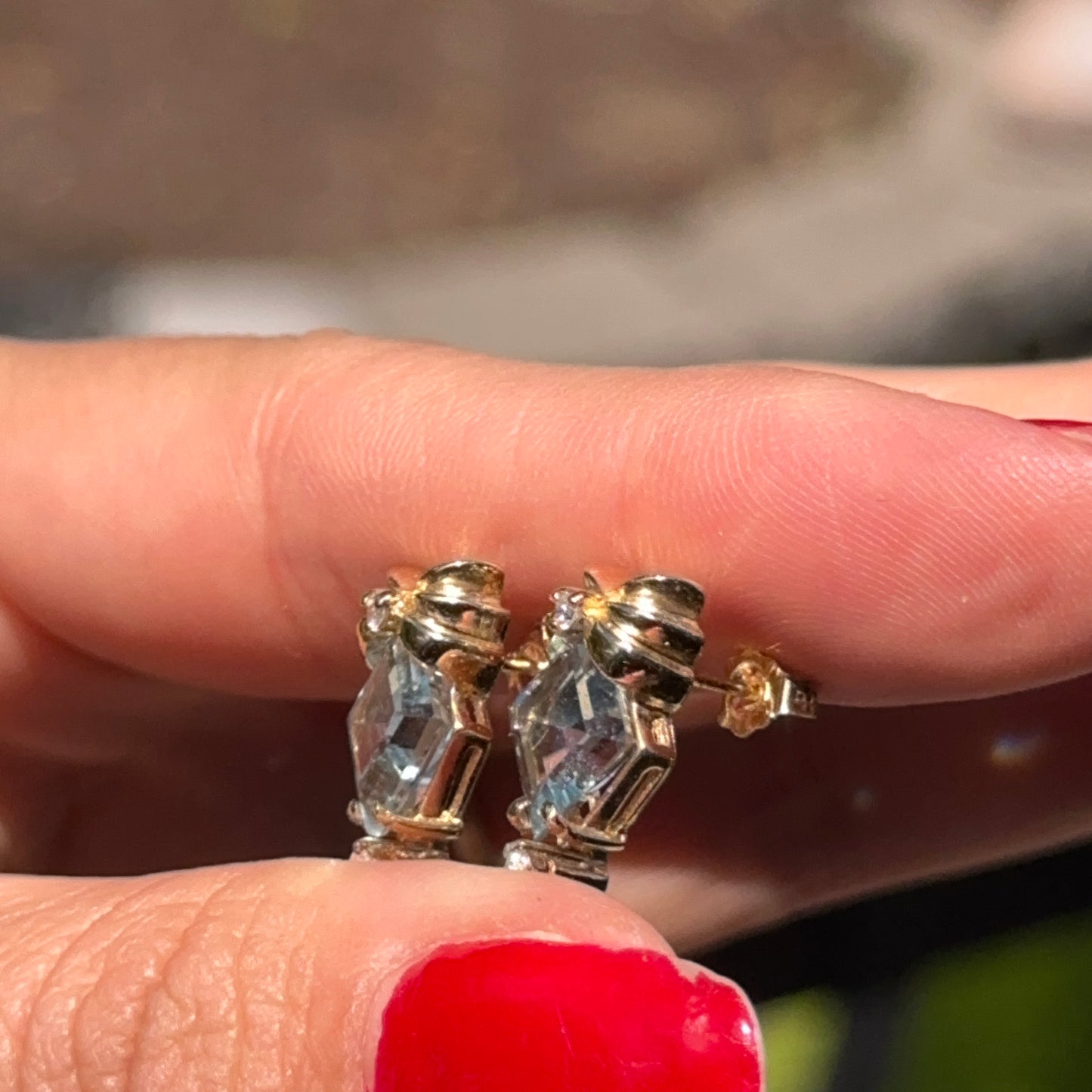 Estate 14KT Yellow Gold Blue Aquamarine + Diamond Earrings