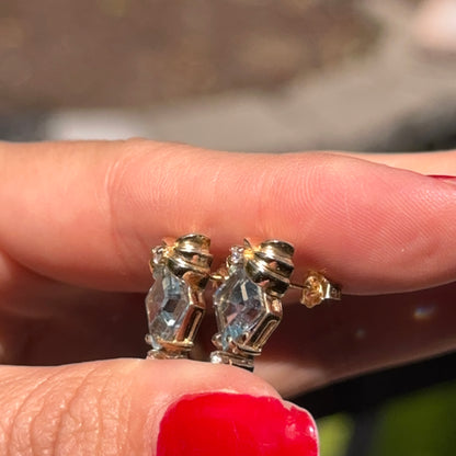 Estate 14KT Yellow Gold Blue Aquamarine + Diamond Earrings