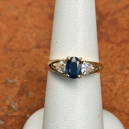 Estate 14KT Yellow Gold Oval 1.10 CT Blue Sapphire + Trillion Diamond Ring