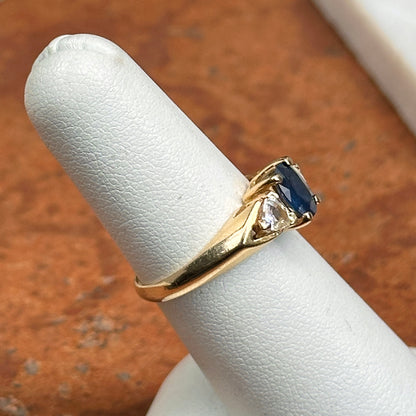 Estate 14KT Yellow Gold Oval 1.10 CT Blue Sapphire + Trillion Diamond Ring