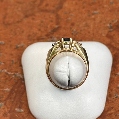 Estate 14KT Yellow Gold Oval 1.10 CT Blue Sapphire + Trillion Diamond Ring