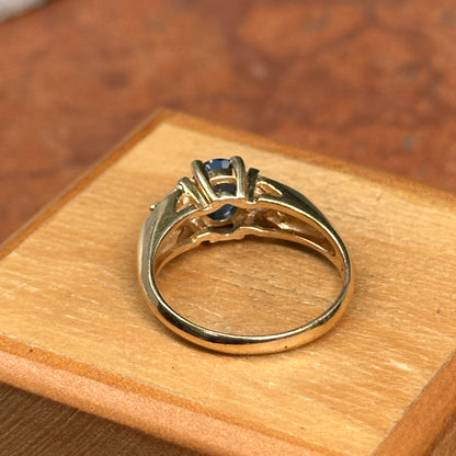 Estate 14KT Yellow Gold Oval 1.10 CT Blue Sapphire + Trillion Diamond Ring
