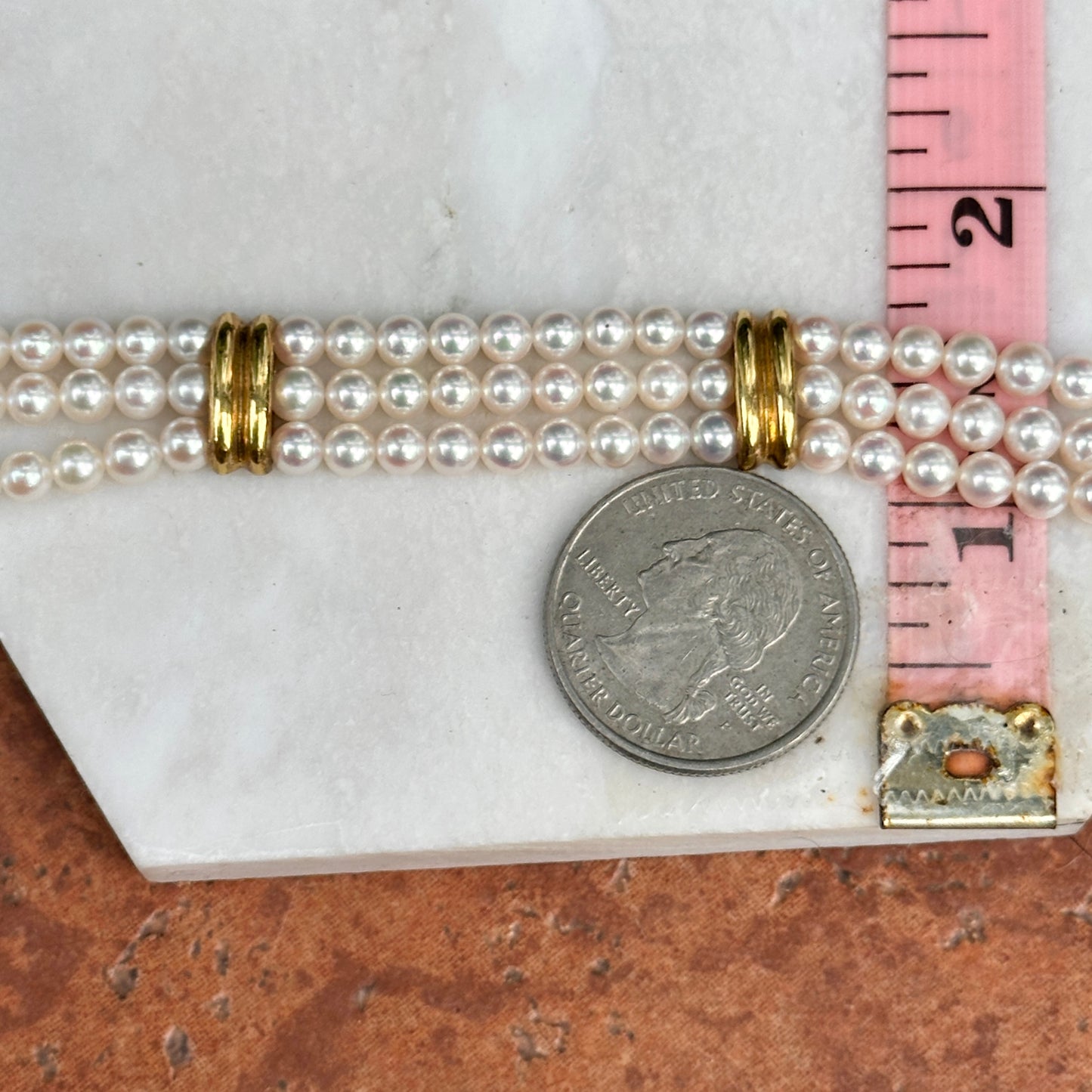 14KT Yellow Gold Three Strand Pearl w/ Gold "X" Links Bracelet