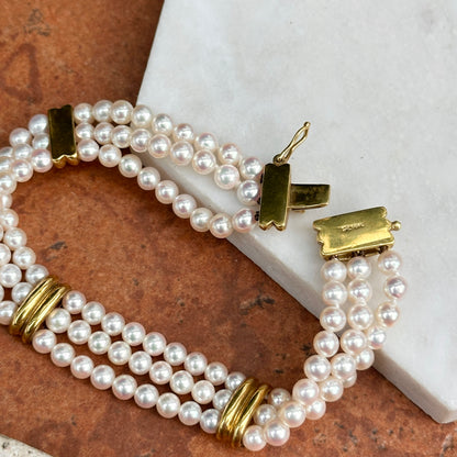 14KT Yellow Gold Three Strand Pearl w/ Gold "X" Links Bracelet