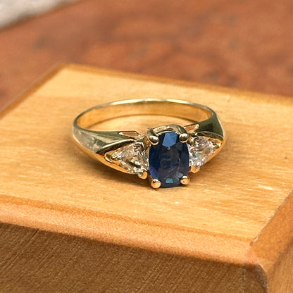 Estate 14KT Yellow Gold Oval 1.10 CT Blue Sapphire + Trillion Diamond Ring
