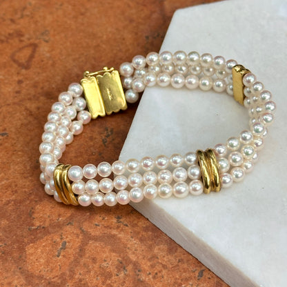 14KT Yellow Gold Three Strand Pearl w/ Gold "X" Links Bracelet