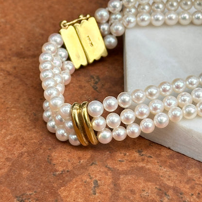 14KT Yellow Gold Three Strand Pearl w/ Gold "X" Links Bracelet