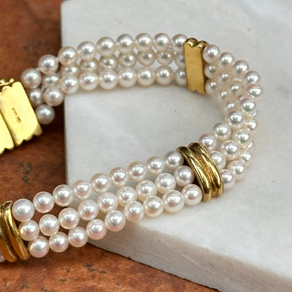 14KT Yellow Gold Three Strand Pearl w/ Gold "X" Links Bracelet