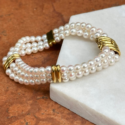 14KT Yellow Gold Three Strand Pearl w/ Gold "X" Links Bracelet