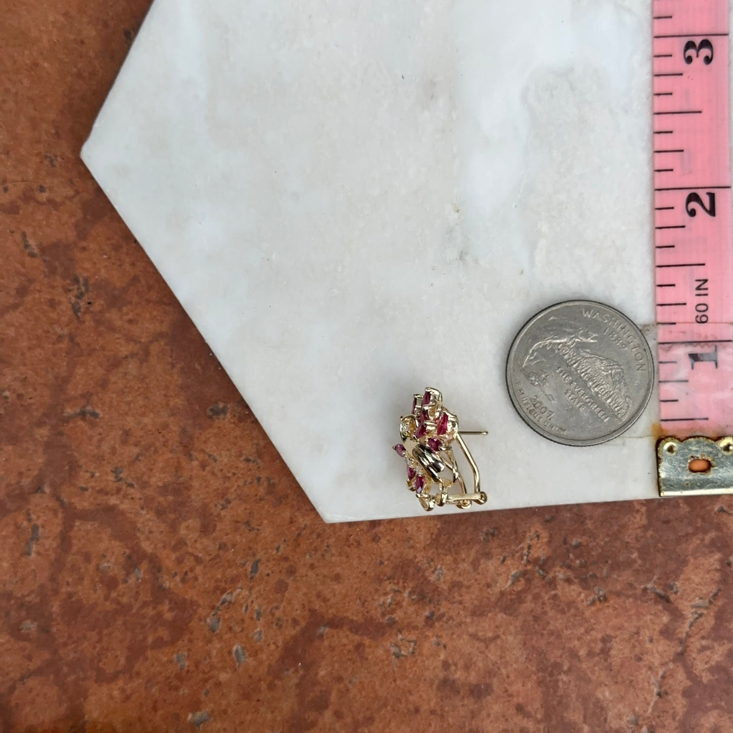 Estate 14KT Yellow Gold Marquise Rhodolite Garnet + Diamond Earrings