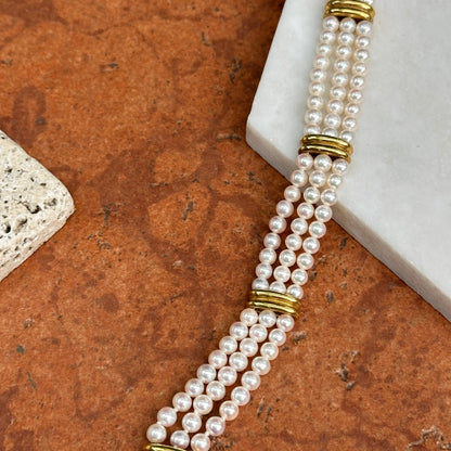 14KT Yellow Gold Three Strand Pearl w/ Gold "X" Links Bracelet