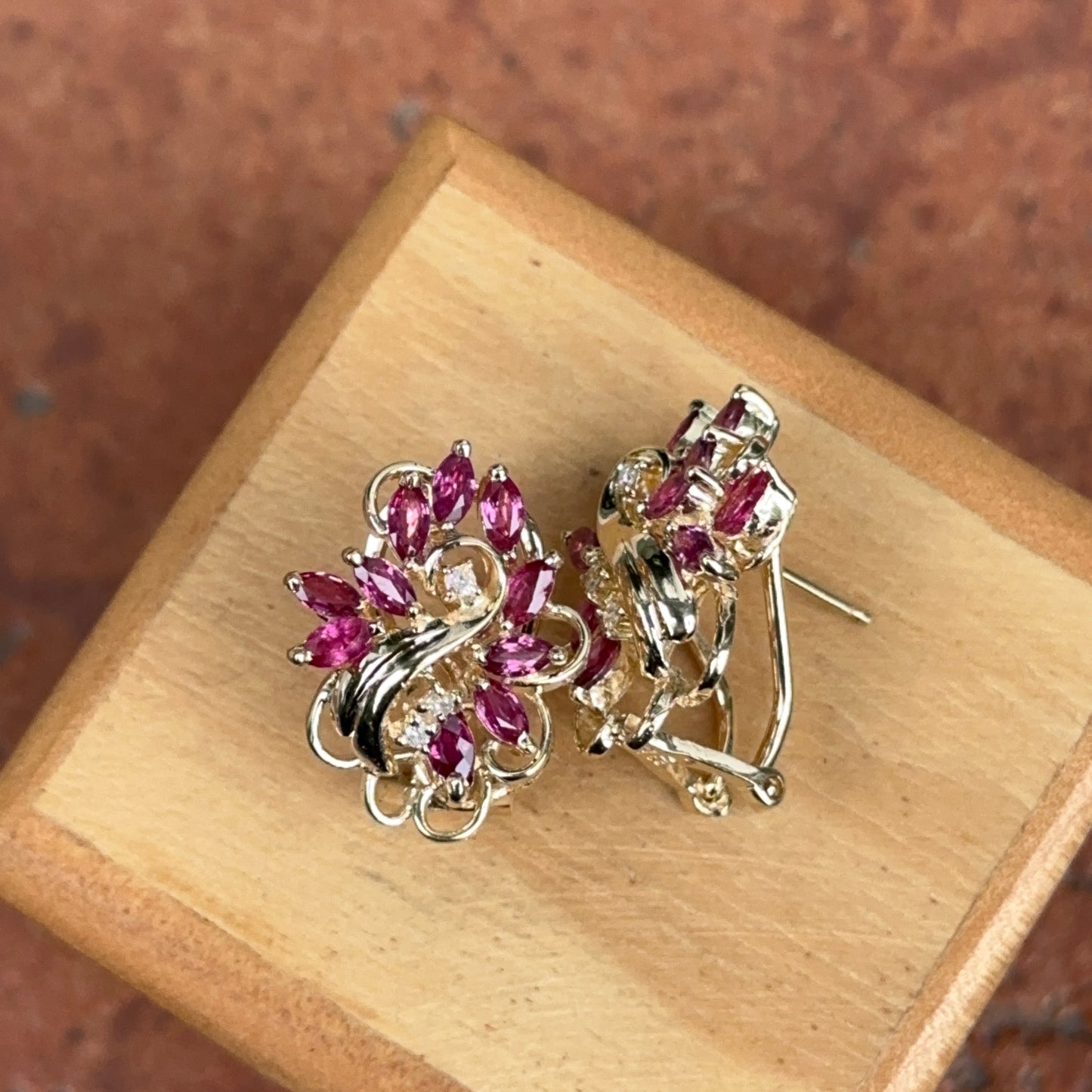 Estate 14KT Yellow Gold Marquise Rhodolite Garnet + Diamond Earrings