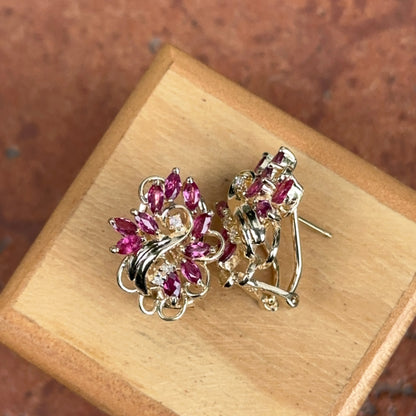 Estate 14KT Yellow Gold Marquise Rhodolite Garnet + Diamond Earrings