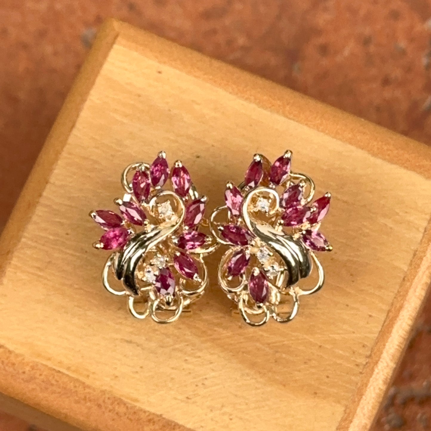 Estate 14KT Yellow Gold Marquise Rhodolite Garnet + Diamond Earrings