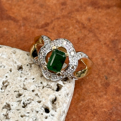 Estate 14KT Yellow Gold .55 CT Emerald-Cut Emerald + Diamond Ring