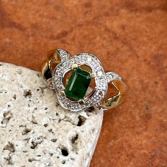 Estate 14KT Yellow Gold .55 CT Emerald-Cut Emerald + Diamond Ring
