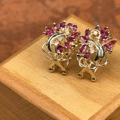 Estate 14KT Yellow Gold Marquise Rhodolite Garnet + Diamond Earrings