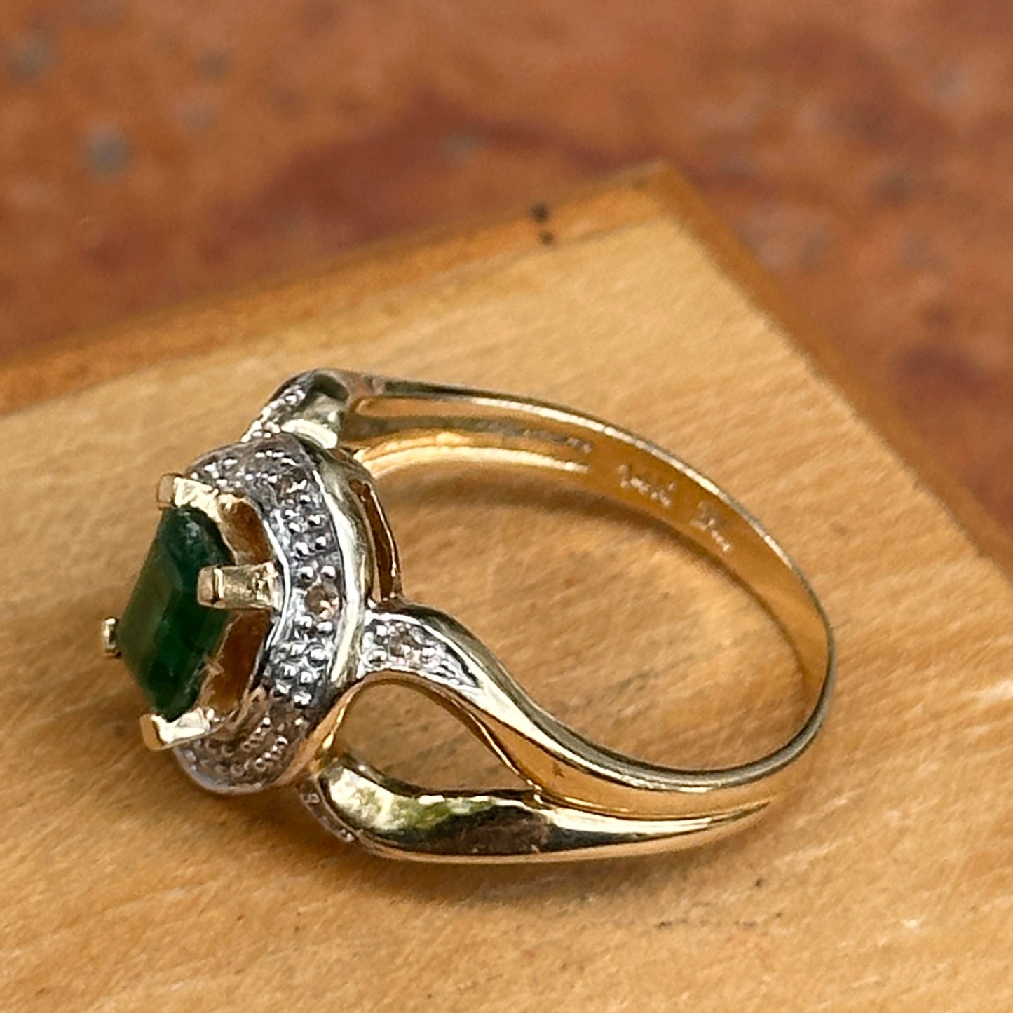 Estate 14KT Yellow Gold .55 CT Emerald-Cut Emerald + Diamond Ring