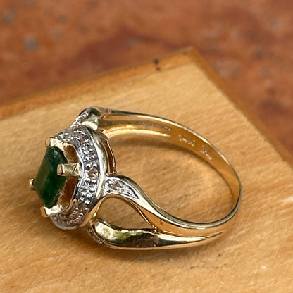 Estate 14KT Yellow Gold .55 CT Emerald-Cut Emerald + Diamond Ring