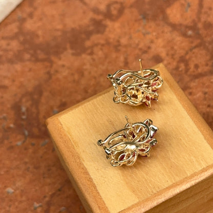 Estate 14KT Yellow Gold Marquise Rhodolite Garnet + Diamond Earrings