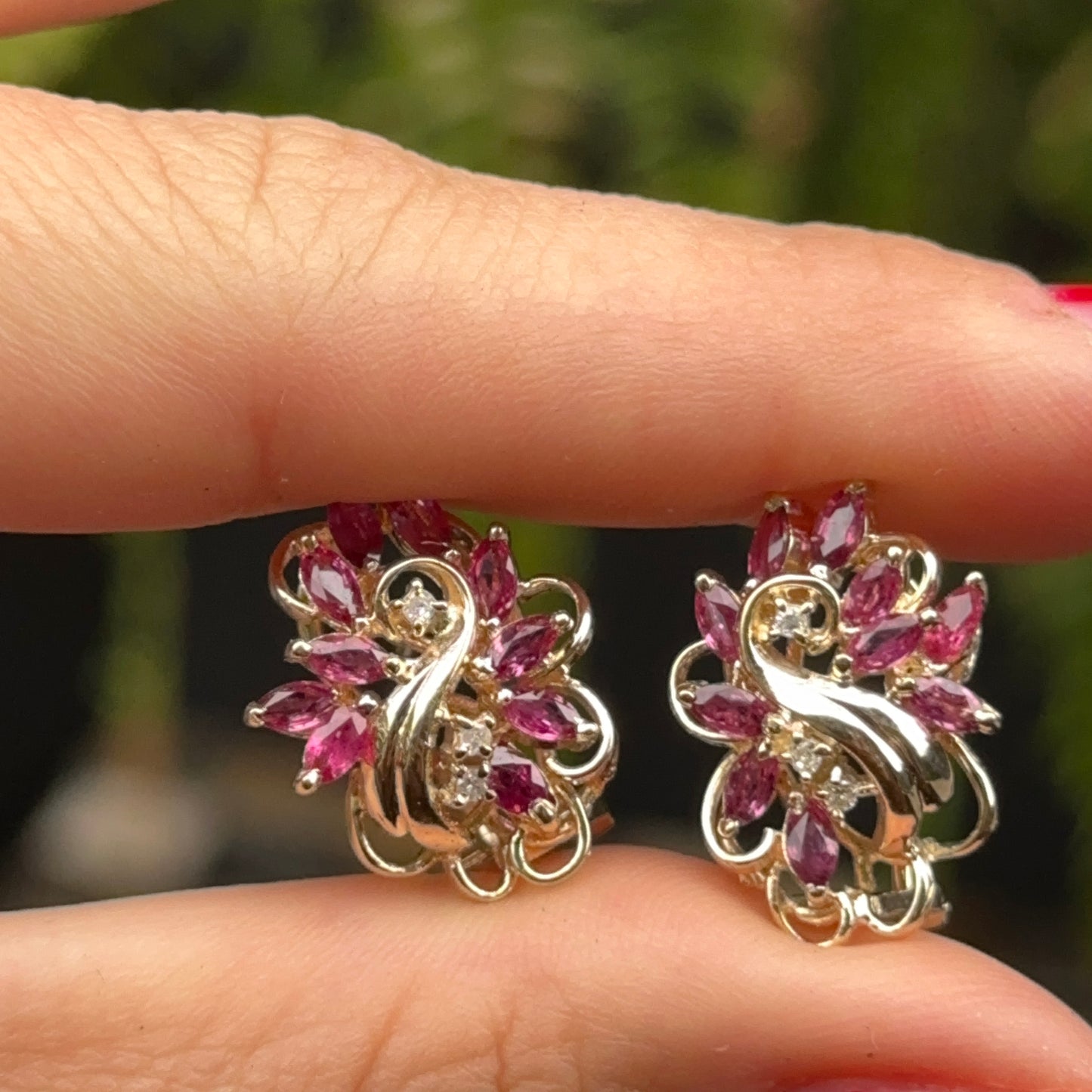 Estate 14KT Yellow Gold Marquise Rhodolite Garnet + Diamond Earrings