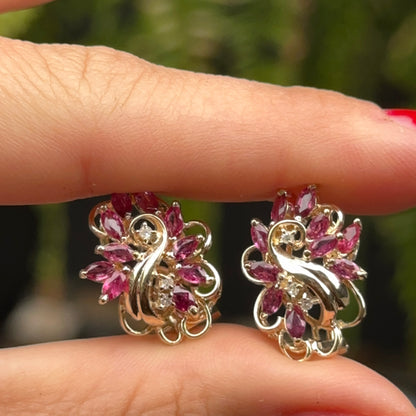 Estate 14KT Yellow Gold Marquise Rhodolite Garnet + Diamond Earrings