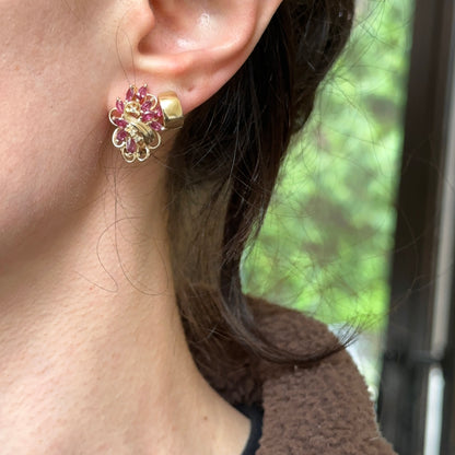 Estate 14KT Yellow Gold Marquise Rhodolite Garnet + Diamond Earrings