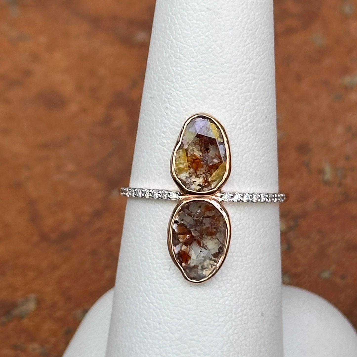 14KT Rose Gold Bezel Oval Geometric Gray Diamond Slice with Small White Diamonds Band Ring