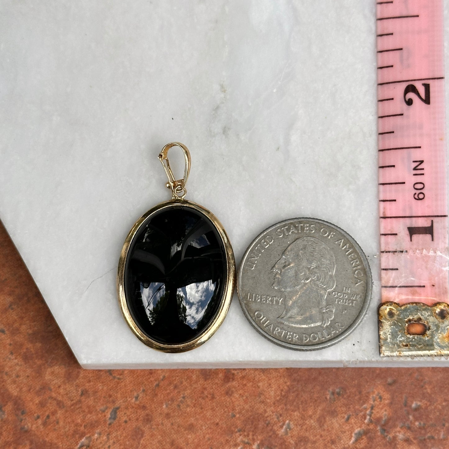 Estate 14KT Yellow God Oval Black Onyx Pendant Enhancer 38mm