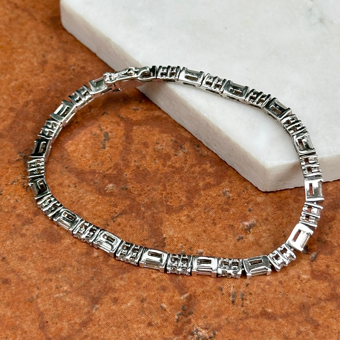 Estate 14KT White Gold Round & Baguette Diamond Basket Set Bracelet