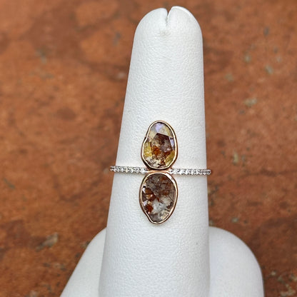 14KT Rose Gold Bezel Oval Geometric Gray Diamond Slice with Small White Diamonds Band Ring