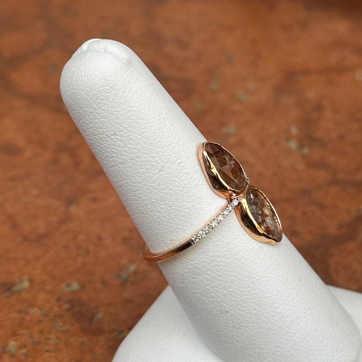 14KT Rose Gold Bezel Oval Geometric Gray Diamond Slice with Small White Diamonds Band Ring