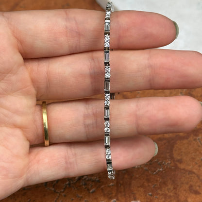 Estate 14KT White Gold Round & Baguette Diamond Basket Set Bracelet
