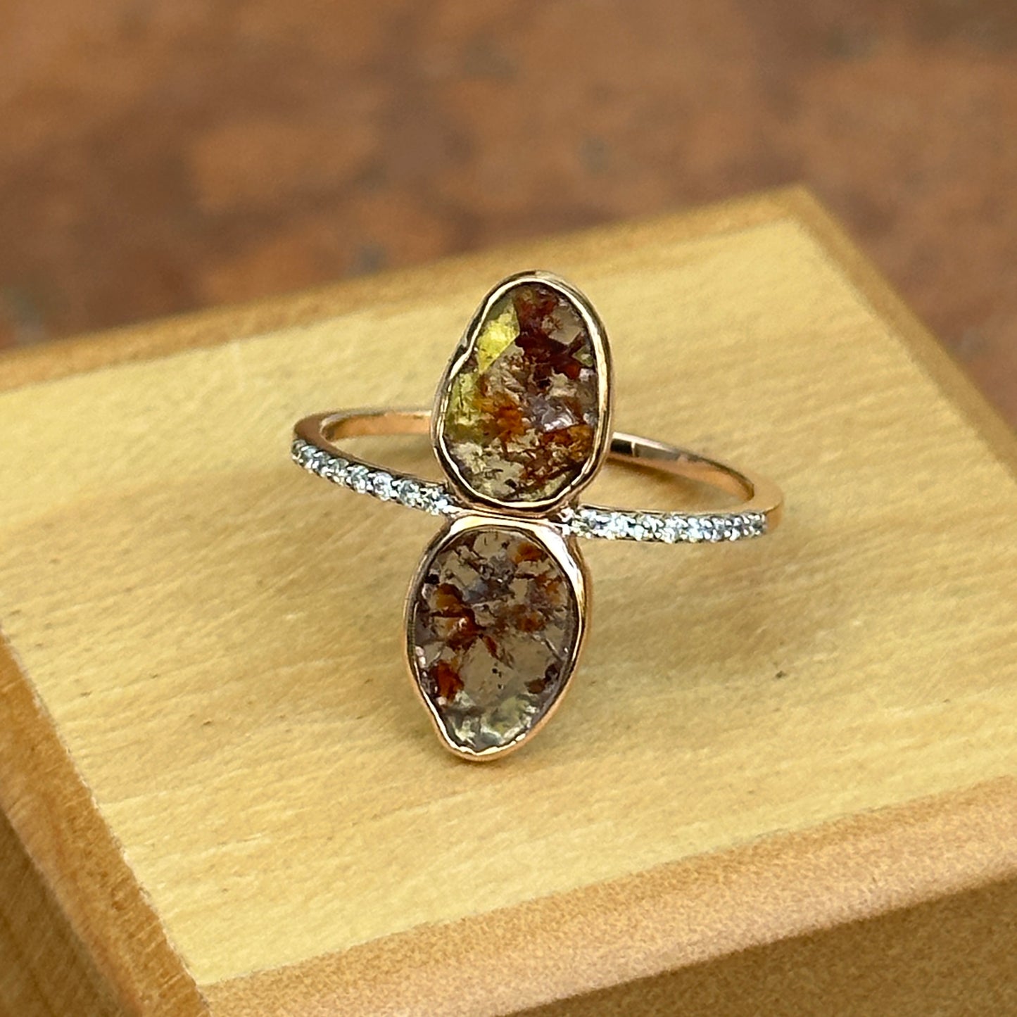 14KT Rose Gold Bezel Oval Geometric Gray Diamond Slice with Small White Diamonds Band Ring