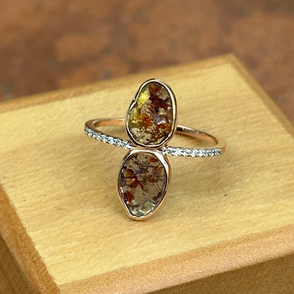 14KT Rose Gold Bezel Oval Geometric Gray Diamond Slice with Small White Diamonds Band Ring