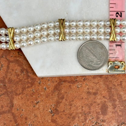 Estate 18KT Yellow Gold Three Strand Pearl + "X" Links Bracelet