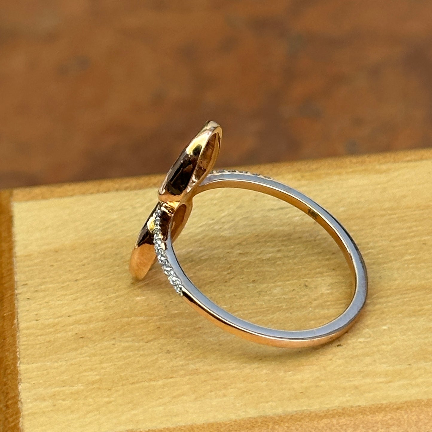 14KT Rose Gold Bezel Oval Geometric Gray Diamond Slice with Small White Diamonds Band Ring