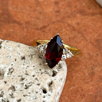 Estate 18KT Yellow Gold Marquise Garnet + Diamond Ring