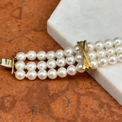 Estate 18KT Yellow Gold Three Strand Pearl + "X" Links Bracelet
