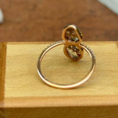 14KT Rose Gold Bezel Oval Geometric Gray Diamond Slice with Small White Diamonds Band Ring