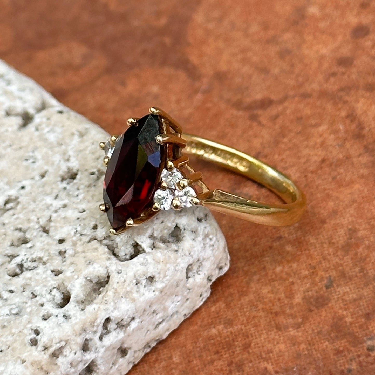 Estate 18KT Yellow Gold Marquise Garnet + Diamond Ring