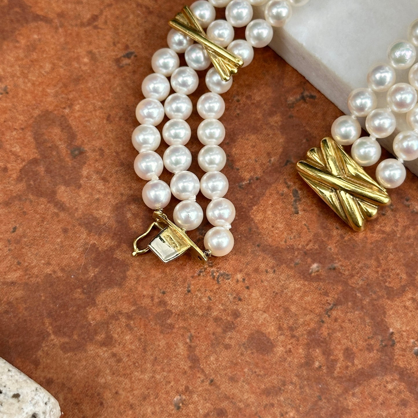 Estate 18KT Yellow Gold Three Strand Pearl + "X" Links Bracelet